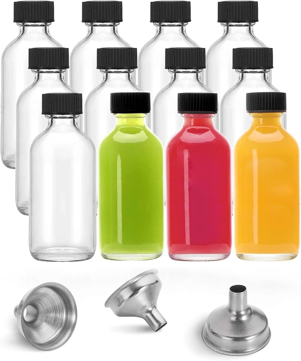 12&times;2 Oz Small Clear Glass Bottles with Lid & 3 Stainless Steel Funnels - 60Ml Boston Sample Bottles - Mini Travel Essential or Decorative Bottles for Potion, Juice, Ginger Shots, Whiskey (12)