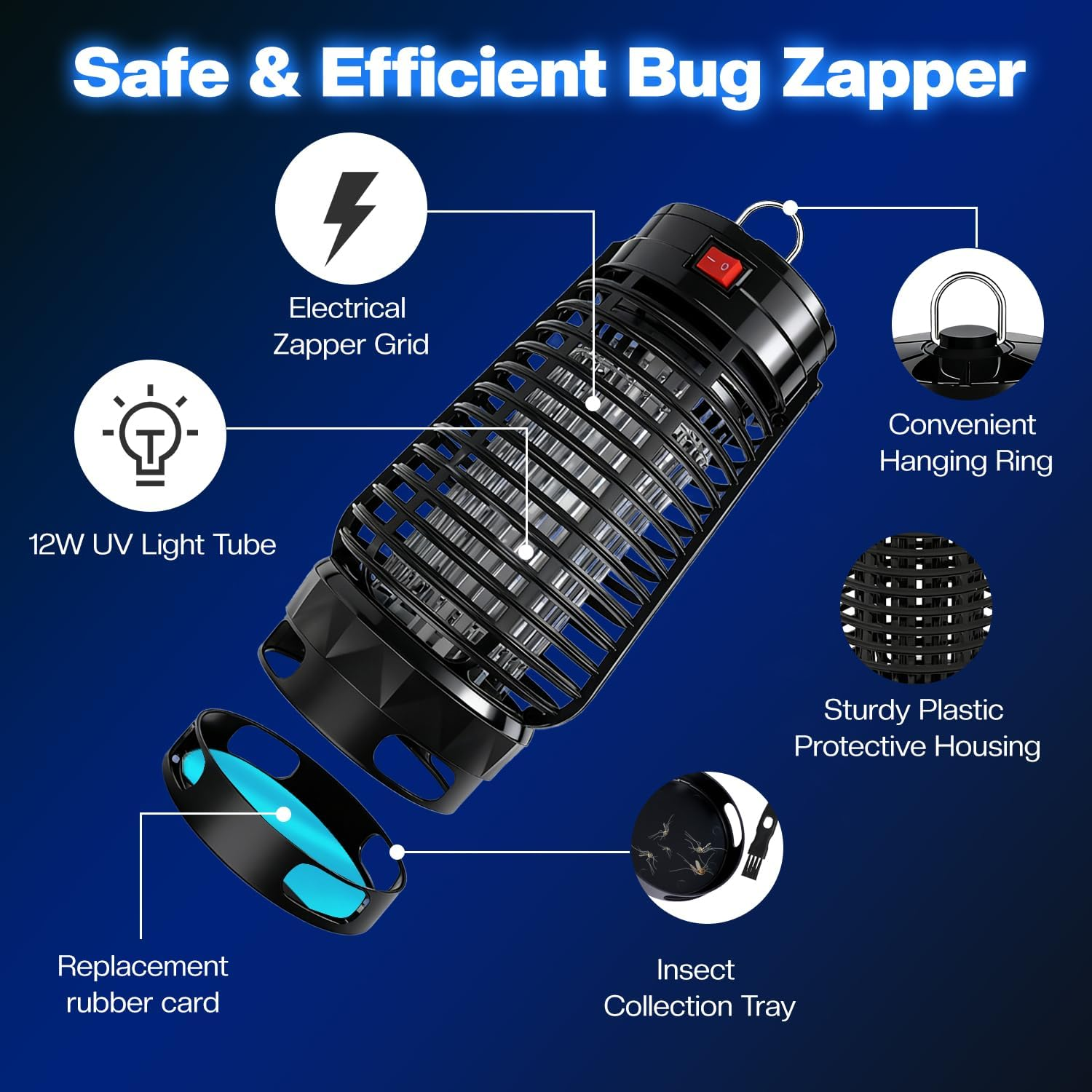 Necomi Bug Zapper Outdoor, 12W Electric Mosquito Killer Lamp with Sticky Boards, Electric Insect Trap & Insect Catcher, Powerful Bug Zapper Light for Home, Indoor, Outdoor, Yard (Black) image number 6