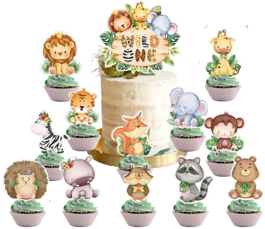 32Pcs Wild One Animal Jungle Safari Happy Birthday Cake Cupcake Banner Balloons Party Supplies Decoration for Babies Kids Children Toppers image number 5