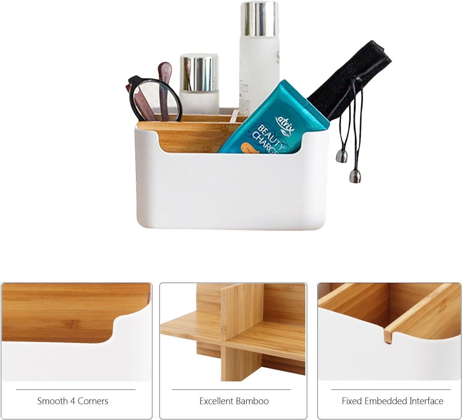 Miners2000 Desk Storage Box, Divided Bamboo Desktop Organizer, Detachable Pen Holder, Pencil Holder, Remote Control Holder, Cell Phone Box, Modern Desk Side Organizer for Office Home Accessories image number 5