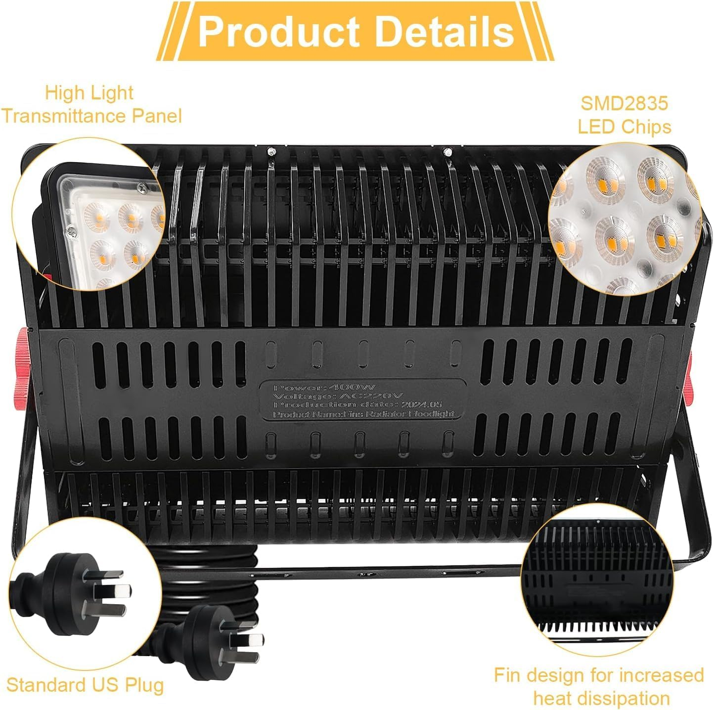 400W LED Flood Light 3000K Warm White, outside Flood Light with Switch, Plug in Floodlight, 40000LM Super Bright Outdoor Security Lights, IP66 Waterproof Floodlights for Yard, Garage, Garden, Lawn image number 5