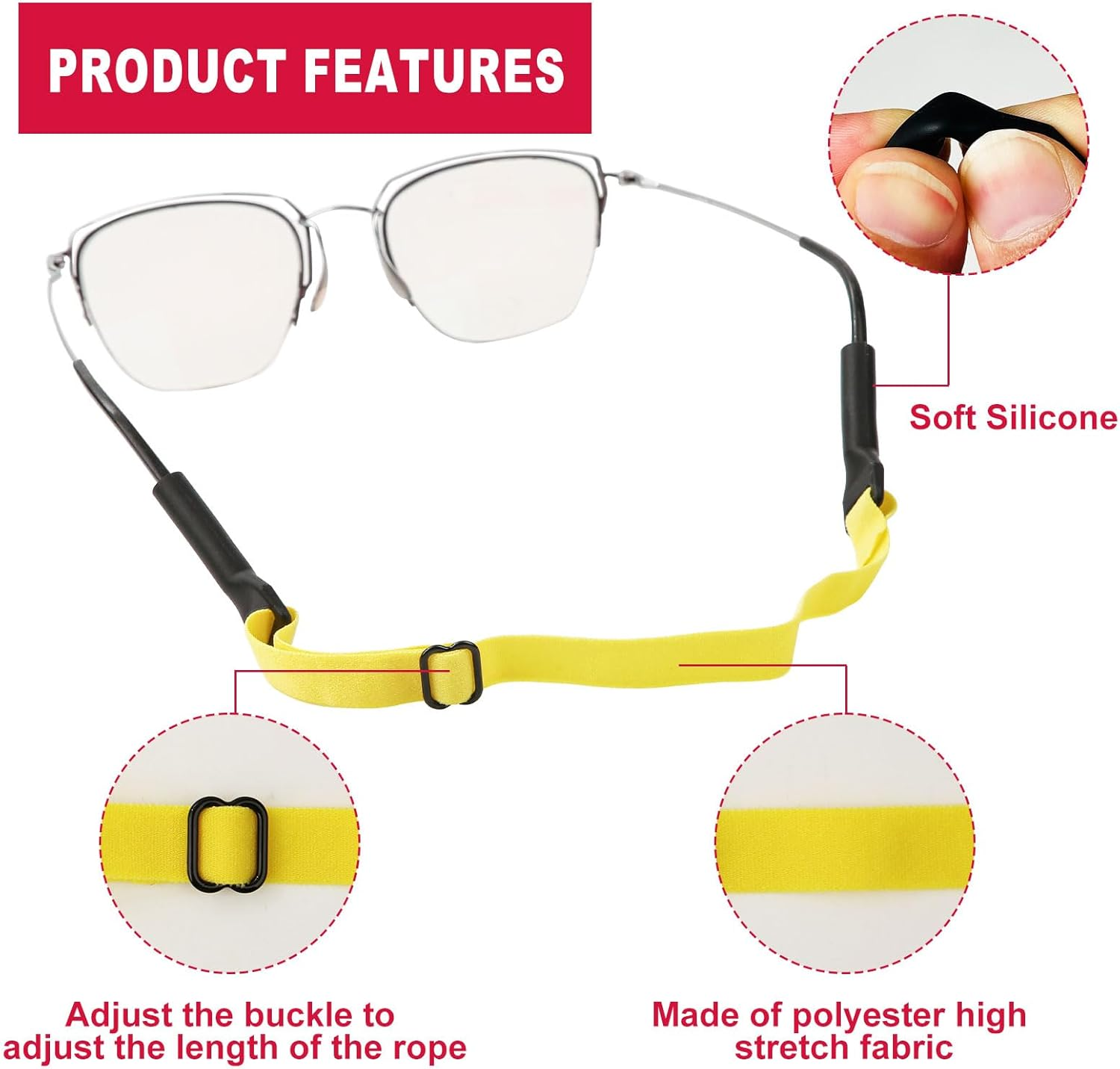 BOXOB 4Pcs Adjustable Glasses Straps, Silicone Sunglasses Strap Universal Eyeglasses Strap Glasses Lanyard Accessories for Eyeglasses Sunglasses (Light Green, Pink, Gray, Yellow), Multicolor, Large image number 2