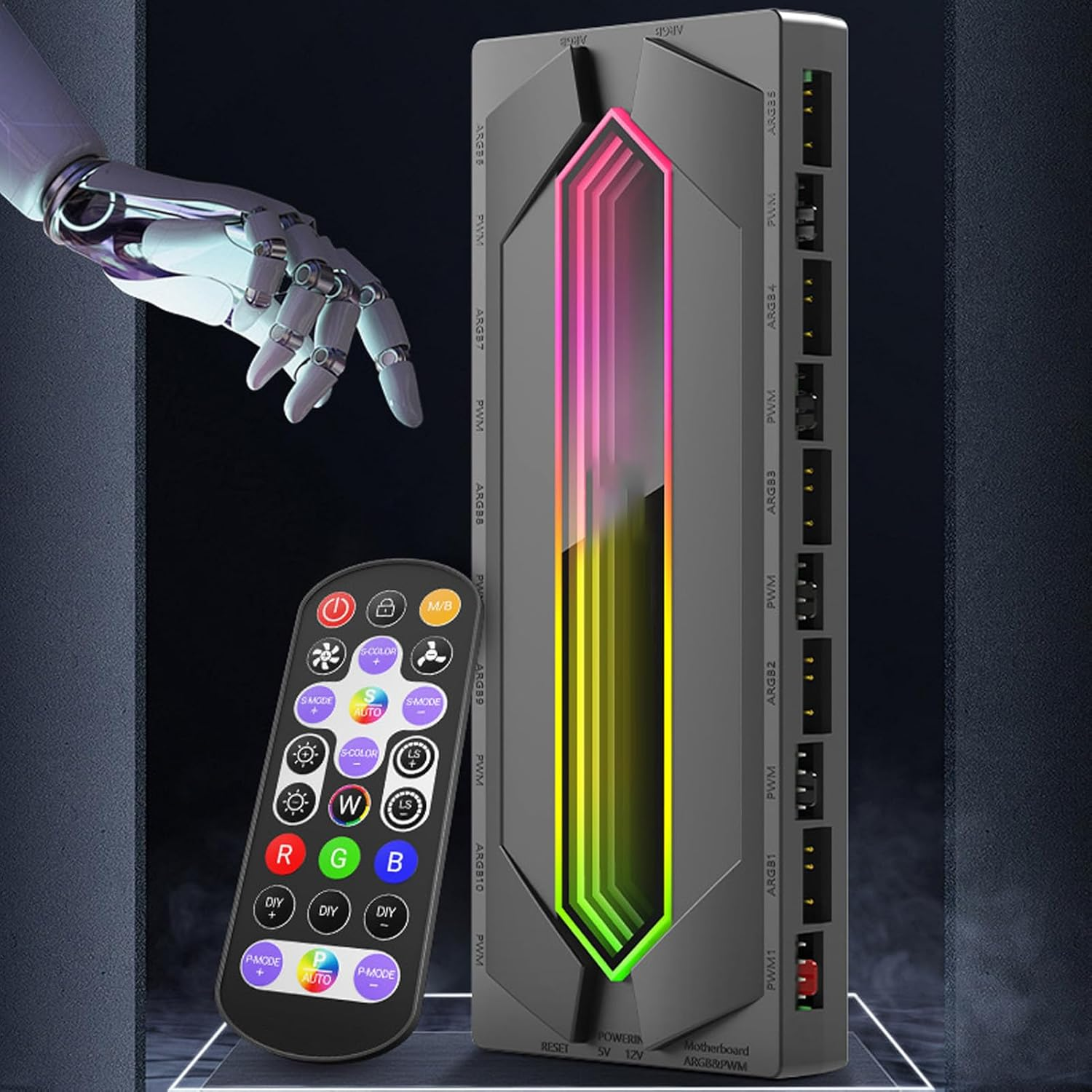 10-Port PWM Fan Hub with ARGB Splitter & Controller, 5V 3Pin Magnetic Base for PC Case Fans - 1 to 10 SATA Power Port Splitter for Gaming & Desktop Builds - White image number 6