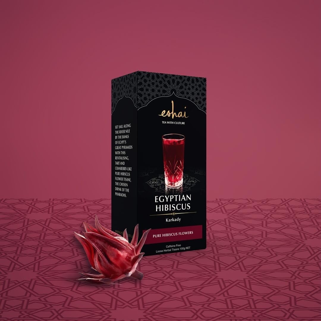 Eshai Egyptian Hibiscus Tea (Karkady) - Pure Hibiscus Flowers - Organic - 100G Box Loose Leaf Herbal Tisane