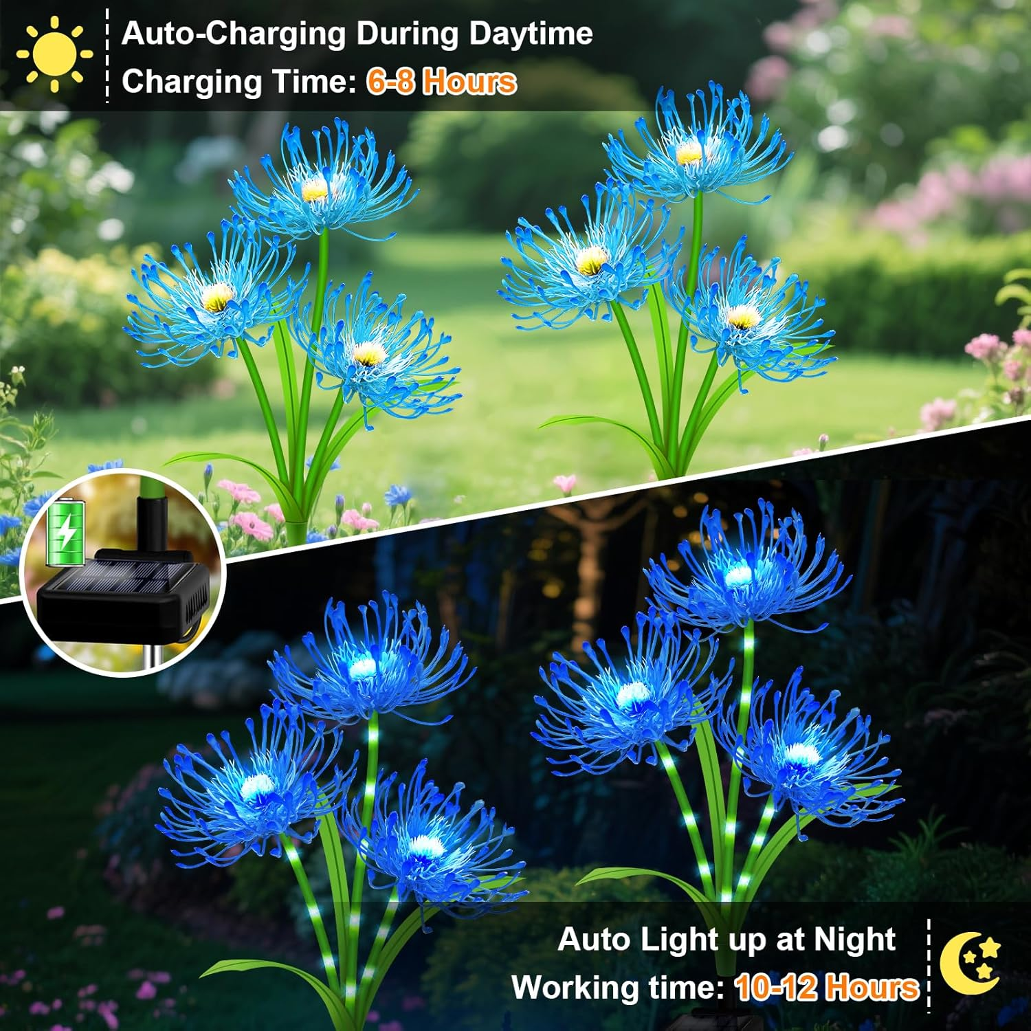 Solar Garden Flower Lights Outdoor,4 Pack 12-Head Blue Spider Lily Waterproof with Glowing Stems,Elegant Yard,Patio & Law Decor,Ideal Halloween & Gardening Gifts for Women,Mothers & Grandma