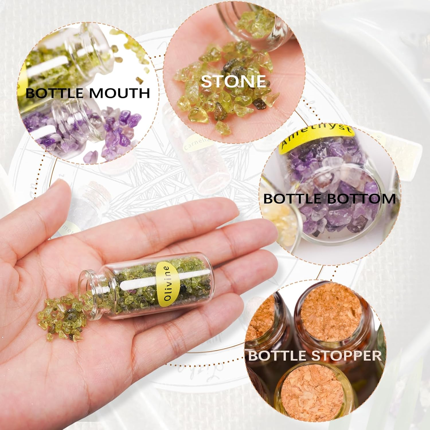 9PCS Crystal Gemstone Bottles Set, Healing Crystal Tumbled Stones Collection Kit, Mini Natural DIY Craft Quartz Gravel Wishing Bottle for Yoga, Reiki, Healing, Meditation, Chakra Balance image number 3
