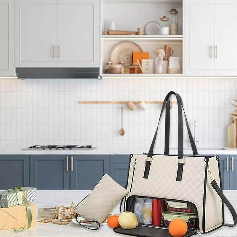 MINYII 2 in 1 Lunch Tote Bag for Women, 15.6 Inch Large Insulated Leakproof Lunch Compartment Bag & Work Tote, Laptop Handbag with Purse for Office, Business, College, Travel