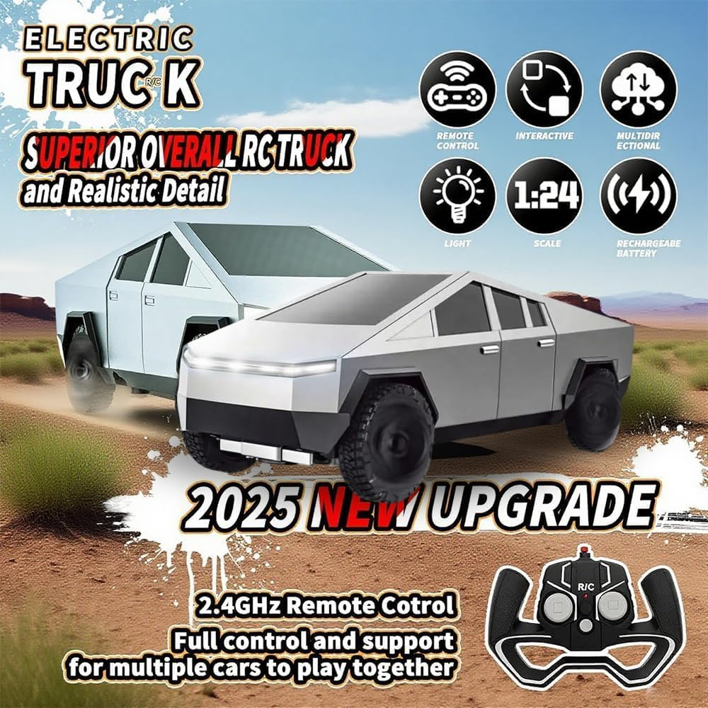 Remote Control Rar, Remote Control Pickup Truck, 1/24 Scale Racing Car Model, Rechargeable Battery & Light and Loadspace, RC Truck for Adults and Boys (Silver)