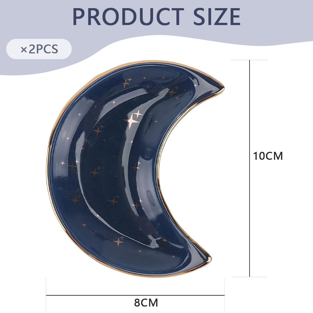 HYAVIA 2 Pack Blue Moon Jewelry Trays with Stars &ndash; Small Ceramic Ring Dishes, Decorative Vanity & Bathroom Trinket Holders for Rings, Necklaces, Earrings & Keys