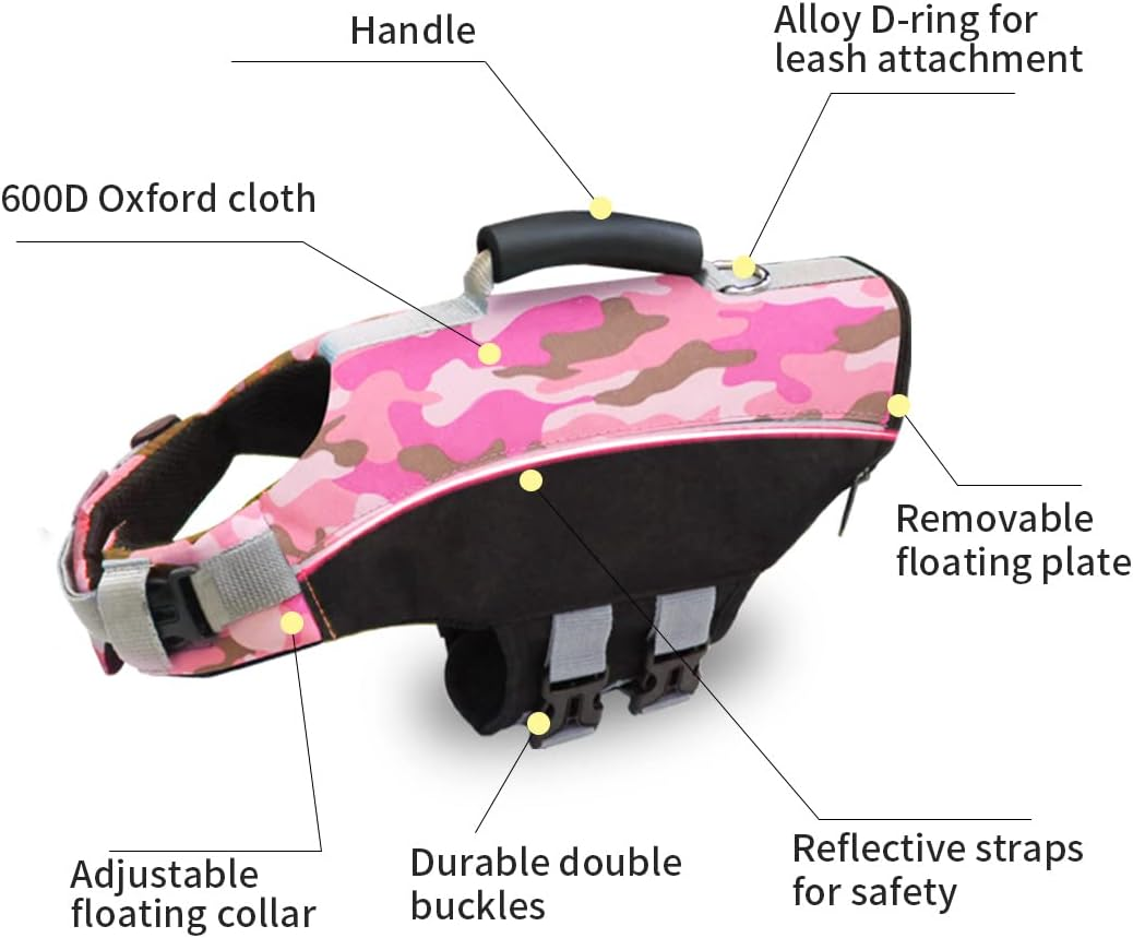 Dog Life Jacket Pet Swimwear Floating Safety Vest Buoyancy Aid Harness Swimming Swimsuit Puppy Vocation Summer Adjustable Pool Camo Pink L image number 3
