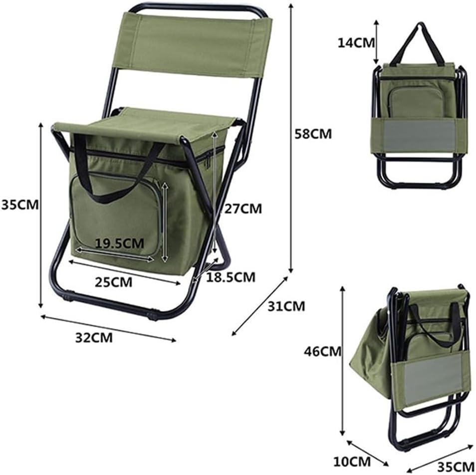 Camping Fishing Stool, Outdoor Folding Chair, Hiking Portable Seat, Chair with Cooler Insulated Picnic Bag, Stool for Camping Hunting Fishing (Green, 32 * 31 * 58CM) image number 5
