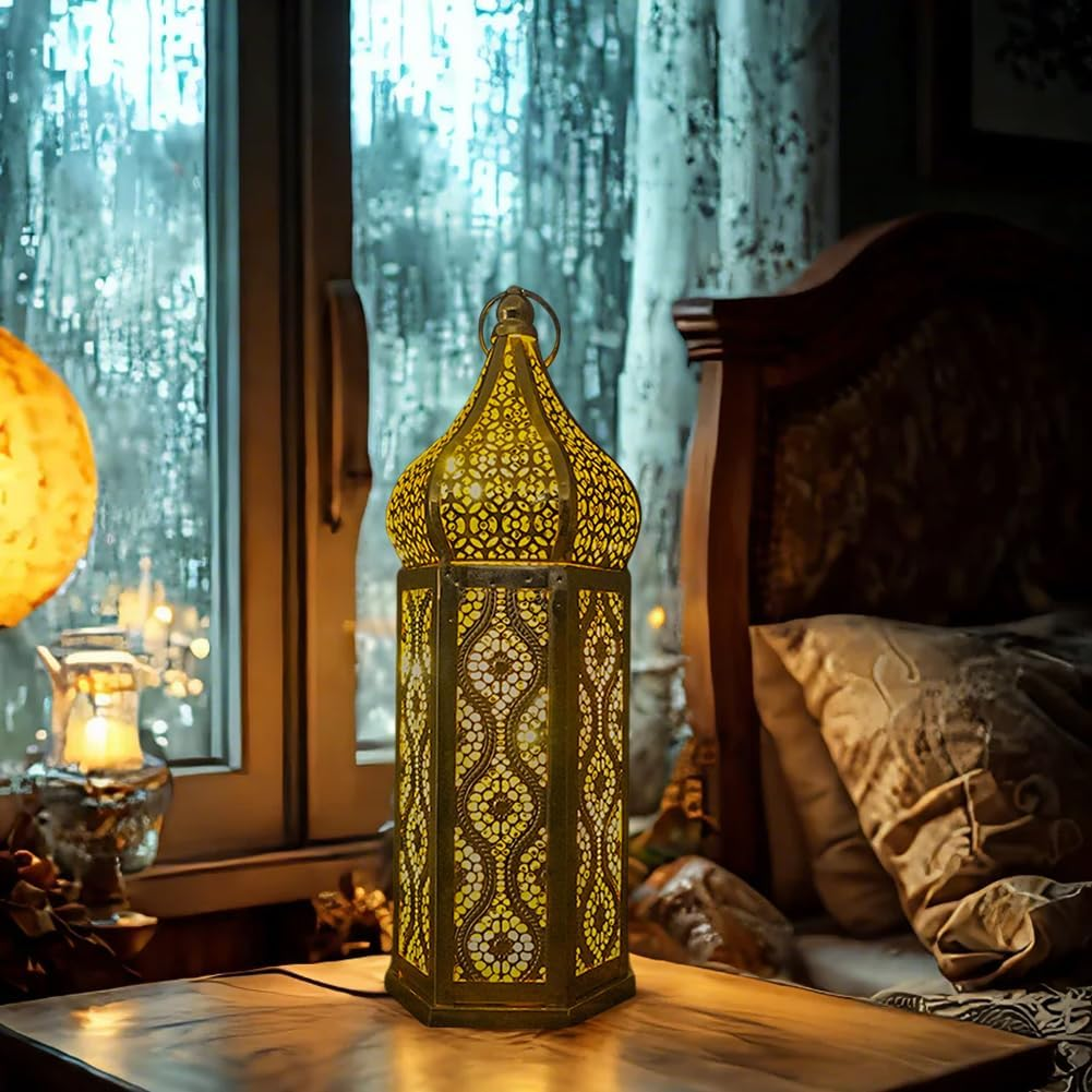 Surakey Moroccan Lantern Decorative Indoor, Decorative Lanterns for Home Decor, Gold Moroccan Lantern Decor, Hollow LED Lights Lanterns for Centerpiece Table Decorations,Large Gold image number 4