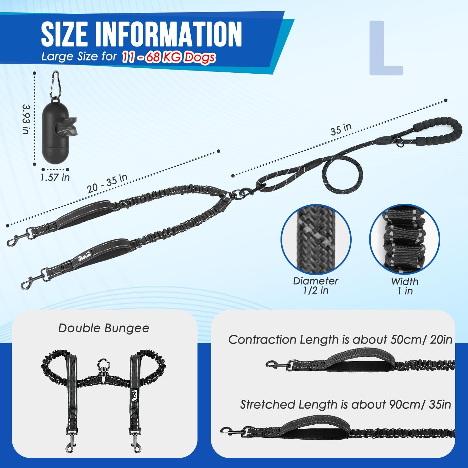 Slowton Double Dog Lead with Extra Handle- 360&deg; Swivel Heavy Duty Reflective Double Dog Lead for Walking 2 Dogs No Tangle Dual Dog Splitter Dog Leash for Small Medium Dogs Walking (Black, Large) image number 5