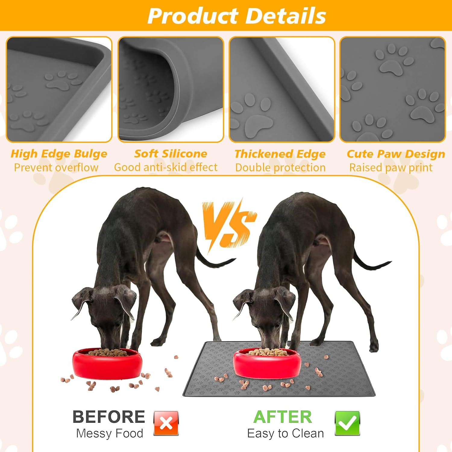 Silicone Waterproof Pet Feeding Mats - Non-Slip Dog & Cat Food Mat with Paw Pattern, Easy Clean Placemat Tray to Prevent Food/Water Residues & Overflow (Pink) image number 5