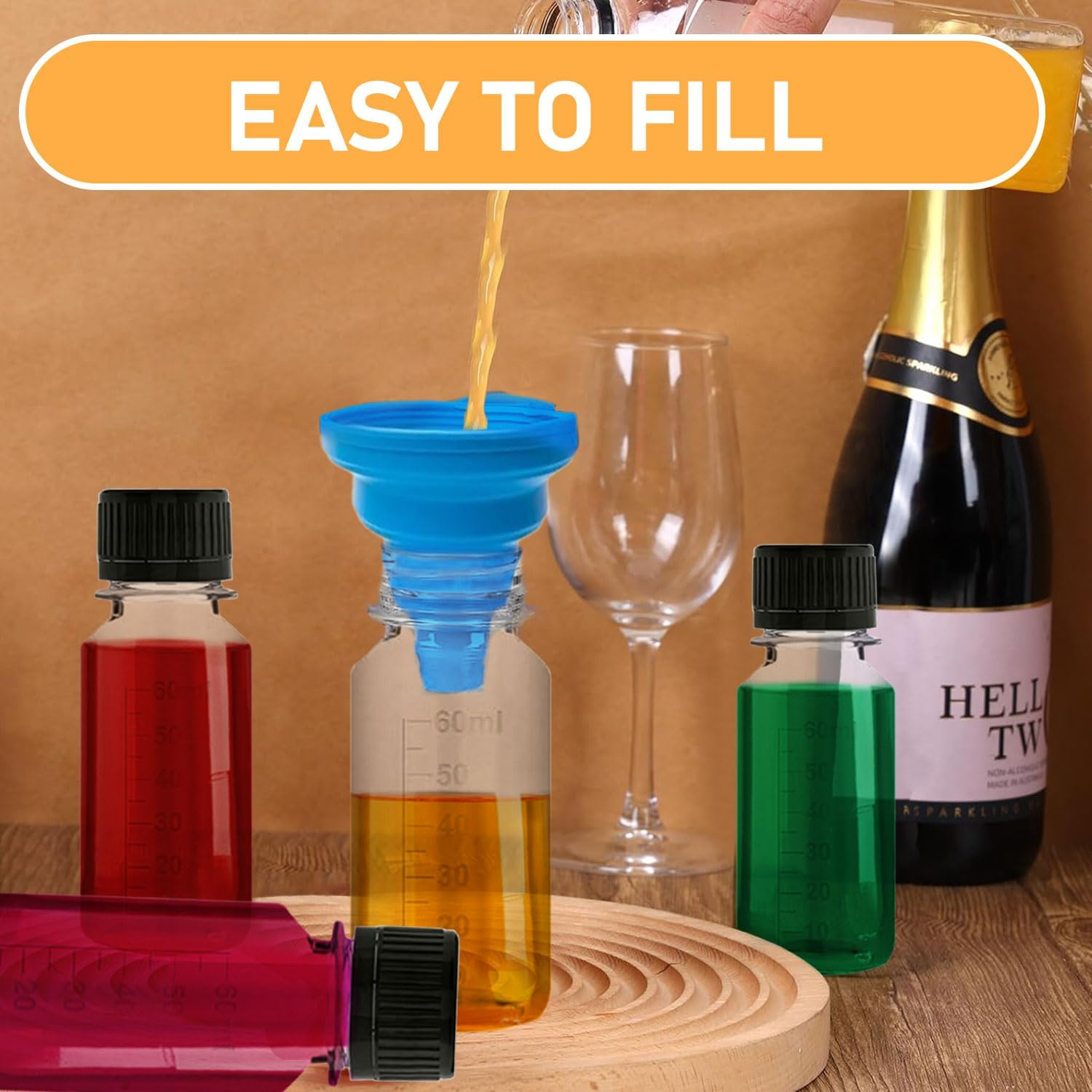 45 Pcs Mini Liquor Bottles, 2Oz Mini Empty Plastic Alcohol Shot Bottles, Plastic Flasks with Black Lid, 48 round Stickers, 2 Funnels and 1 Cleaning Brush, Suitable for Weddings, Parties, Camping image number 6