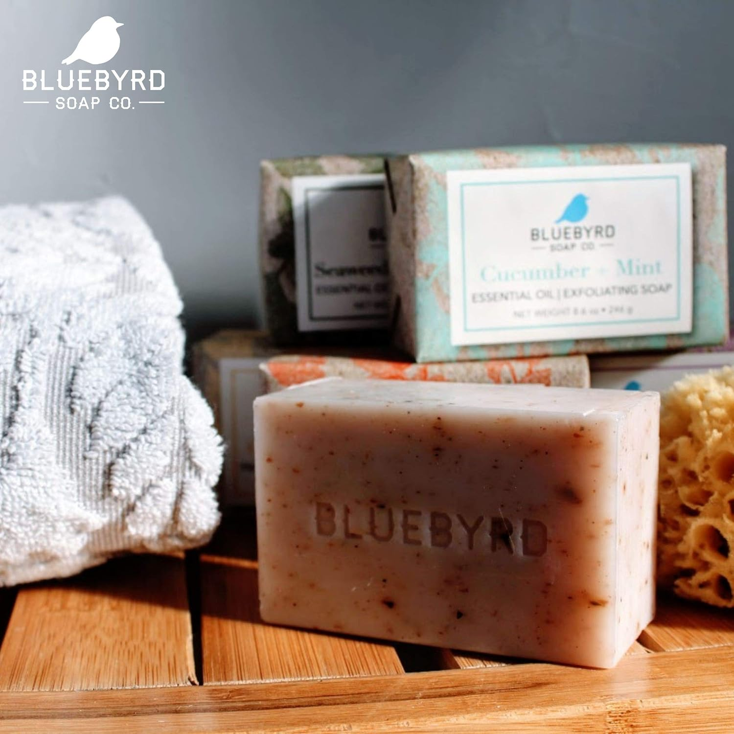 BLUEBYRD 5-Pack Essential Oil Exfoliating Soap Bars Boxed Variety Set, Scented Natural Bar Soap Gift Set, Cucumber Mint/Fragrance Free Goat Milk Jojoba/Lavender Thyme/Orange Clove/Seaweed Eucalyptus image number 3