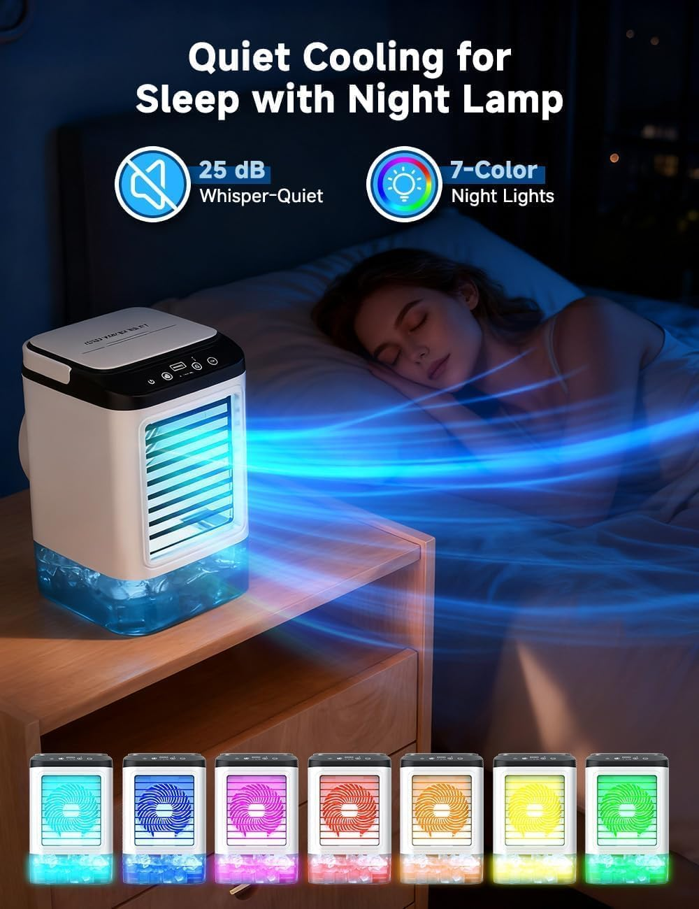 4-IN-1 Portable Air Conditioner, 3 Speeds & 2 Spray Modes, Boosting Mode, 900ML Tank, 25Db Portable Air Cooler,Humidifier, Cooling Fan,7 Night Lights, Mini Evaporative Air Cooler for Room Home image number 2