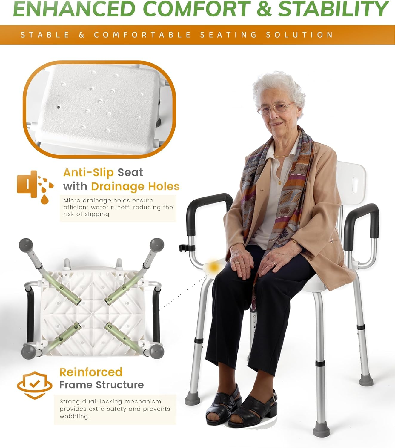 STABASE Heavy-Duty Shower Chair with Arms and Backrest &ndash; 180Kg Capacity, Adjustable Height Bath Seat for Elderly, Seniors, Disabled & Injured Adults image number 2