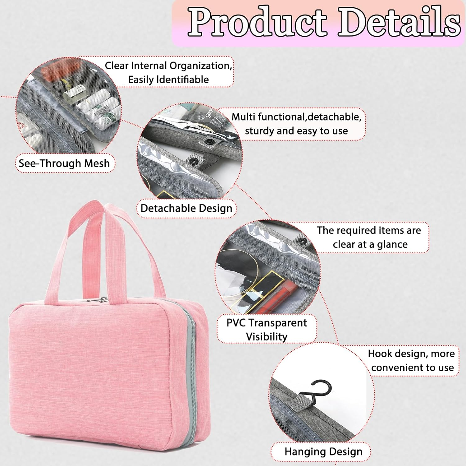 Hanging Toiletry Bag for Women, Waterproof Makeup Organiser with Large Capacity for Travel Essentials, Portable Cosmetic Bag for Camping & Outdoor Trips, Pink - Pink image number 6