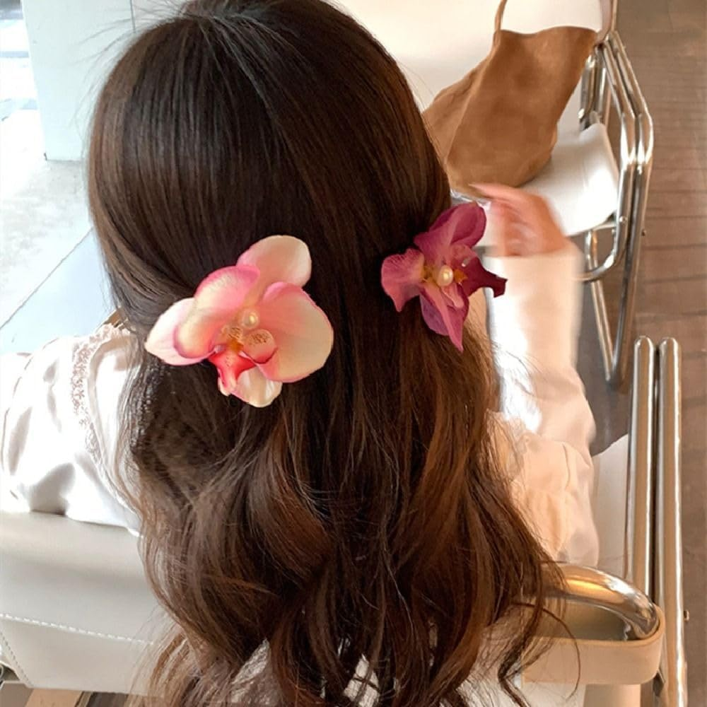 Pink Orchid Hair Clip Flower Hair Clip Cute Pink Orchid Elegant Suitable for Wavy Straight Hair Curly Cute Cute Hair Clip Accessories image number 4