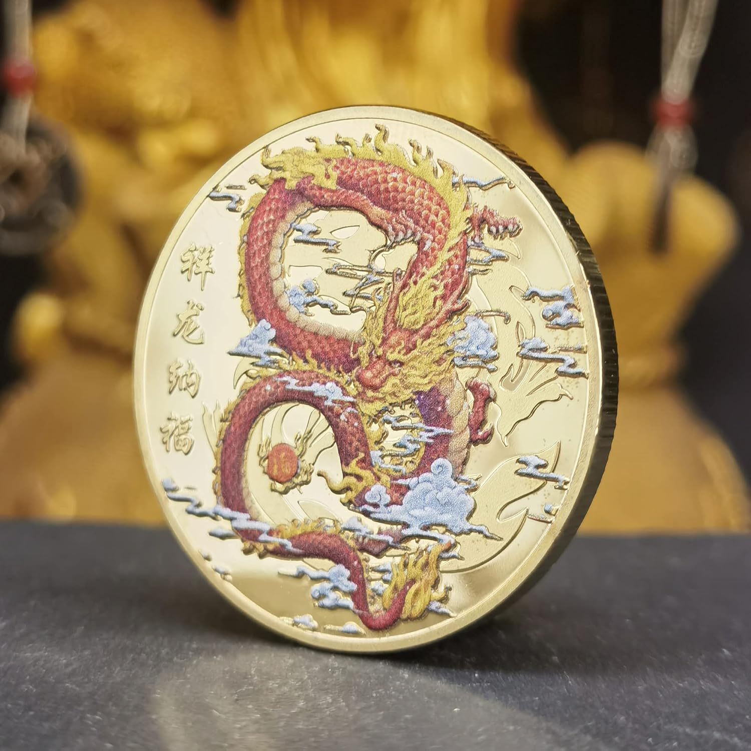 Soaring Chinese Dragon Gold Lucky Coin - Lottery Ticket Scratcher Tool - Good Luck Chinese Challenge Coin