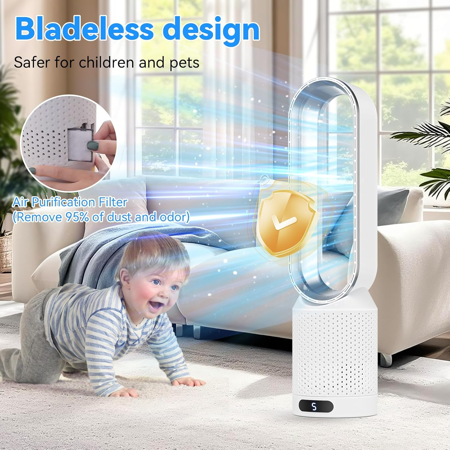 Bladeless Tower Fan with Remote, 20" Quiet Tower Fan for Bedroom, 90&deg; Oscillation & 8 Speeds, 35Db, 2H Timer, Baby-Safe, LED Display, Easy-Clean, Portable Standing Fans for Home & Office image number 2