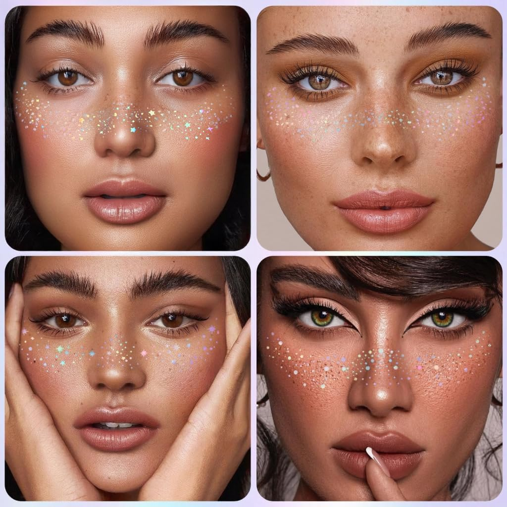 WANXTY Glitter Freckles, Holographic Face and Body Glitter Tattoo Sparkle for Women Gold Glow Cosmetic Star Makeup Accessories for Festival Rave (Holographic) (Blue) image number 1