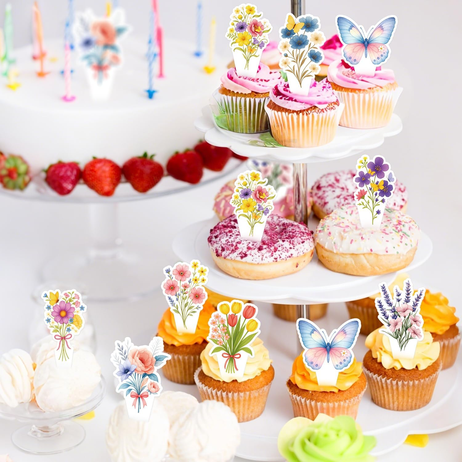 45Pcs Wildflower Cupcake Toppers, 9 Styles Flower & Butterfly Cupcake Toppers Baby in Bloom Floral Cake Picks Ideal Birthday Party Wedding Baby Shower Decoration Supplies image number 1
