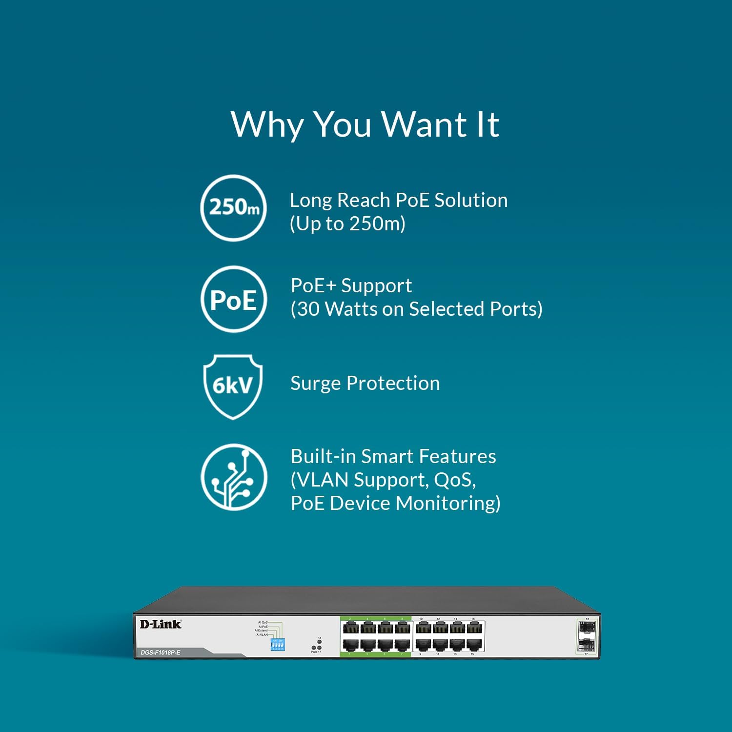 D-Link DGS-F1018P-E 18-Port Unmanaged Gigabit Poe Switch,16 Poe+ Ports, 2 SFP Uplinks, 150W Poe Budget, 250M Long Reach Poe, VLAN, Qos, Plug & Play - Ideal for Ethernet, LAN & Router Connection image number 1