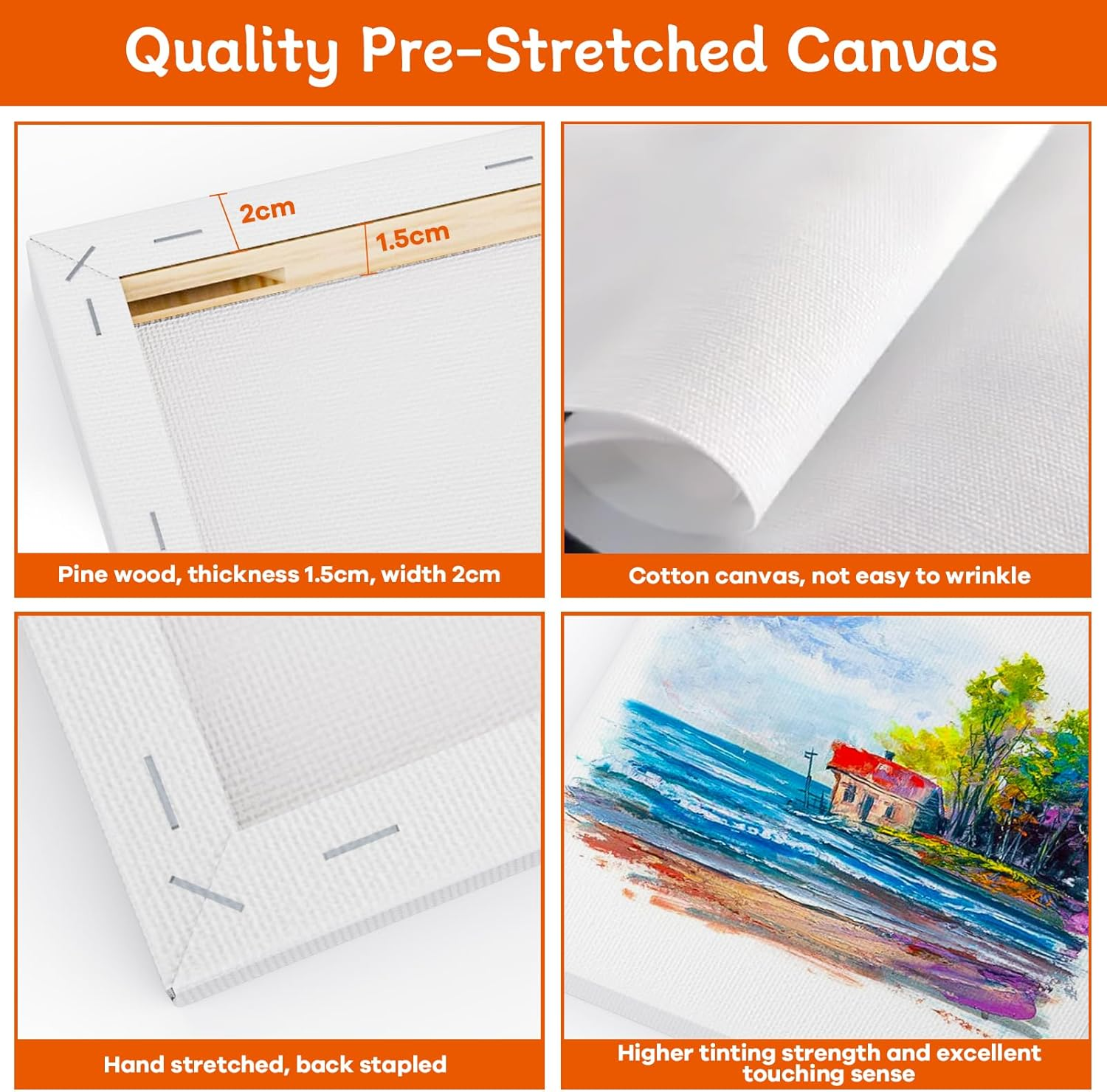 Koncci Stretched Canvas for Painting, 10 Packs Multiple Sizes Canvases Set, 10X15, 15X20, 20X25, 25X30, 30X40Cm, 280GSM Stretched Wooden Canvas Frames for Acrylic Oil Watercolor, Artist & Beginner image number 4