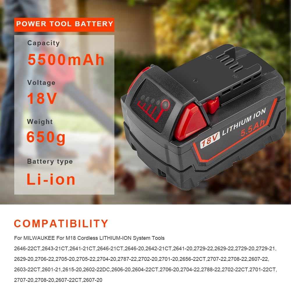 2 Pack 18V 5.5Ah for M18 Replacement Battery Compatible with Milwaukee Lithium Battery Power Tools 48-11-1820 48-11-1840 48-11-1850 48-11-1828 48-11-1815 Cordless Tool Batteries with LED Indicator image number 1