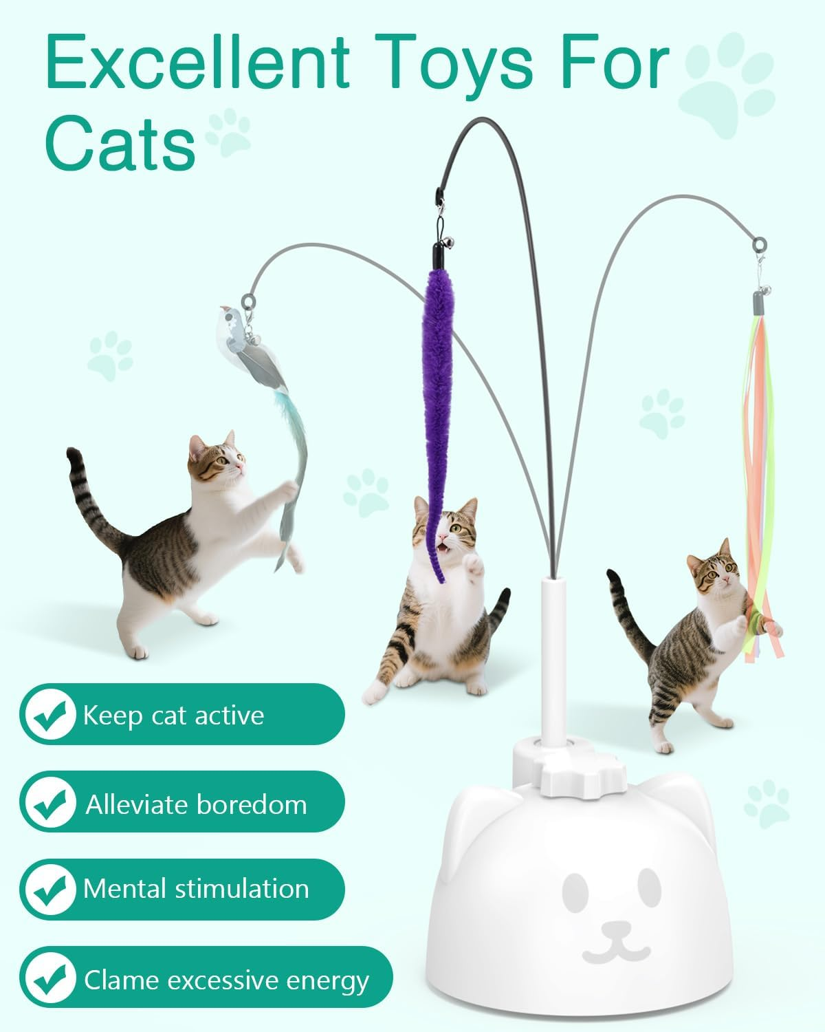ORIA Interactive Cat Toys, Automatic Cat Toy, Irregular Rotation Teaser Wand with Reusable Sticker Base for Indoor Kitten, Cats - White image number 5