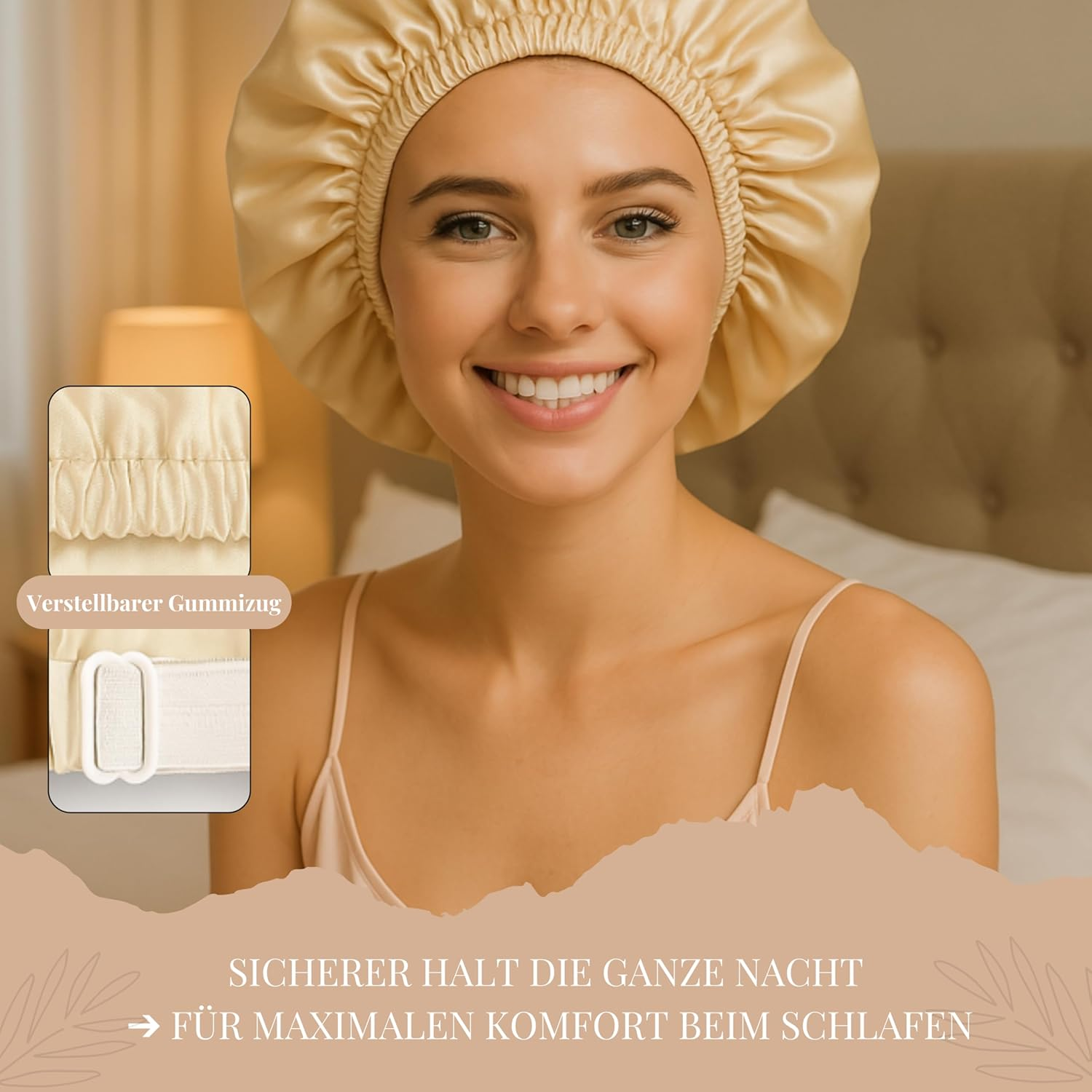 Silk Bonnet for Sleeping with Clip Suitable for All Sizes & Hair Types - Protects Hair from Breakage & Split Ends | Retains Curl Shape, Saves Time While Styling | Flortree (Champagne) image number 3