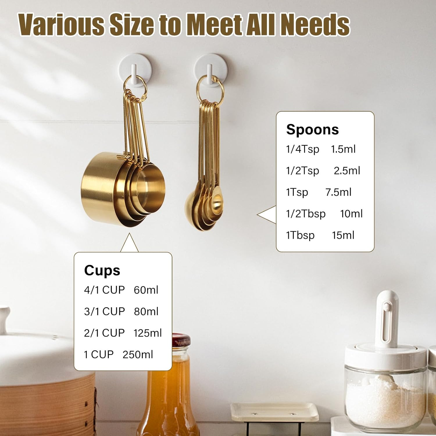 Gold Stainless Steel Measuring Cups and Spoons Set of 9, Premium Gold Kitchen Gadgets,4 Measure Cups and 5 Magnetic Measuring Spoons Set,2 Leveler for Liquid and Dry Ingredients Baking Cooking image number 4