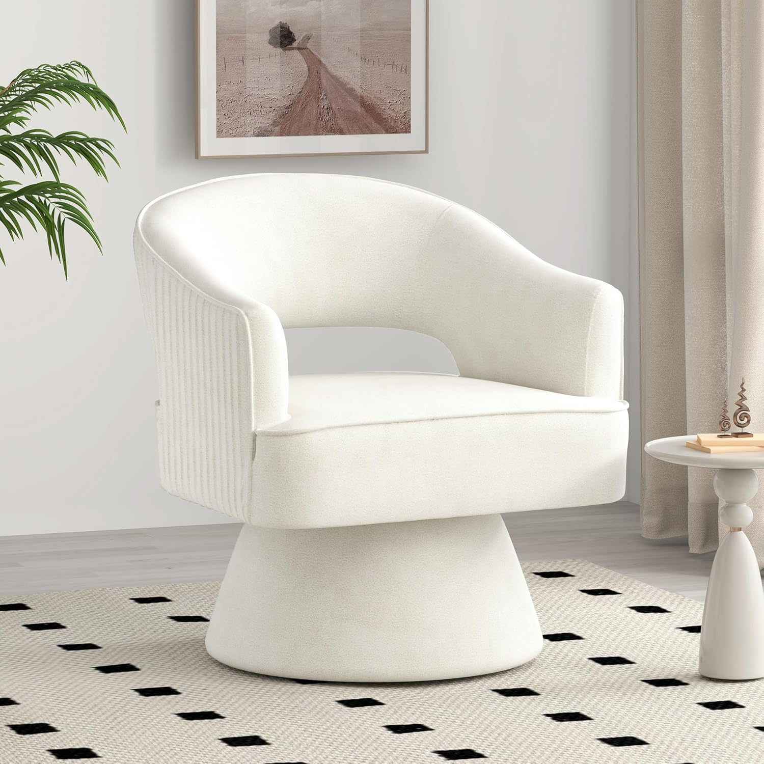 Mid Century Modern Swivel Accent Chair, 360 Degree Swivel Barrel Chair, Upholstered Lounge Chair Comfy Vanity Chair, Striped Velvet Armchair for Living Room Sofa, Bedroom, Reading Room(Gray)