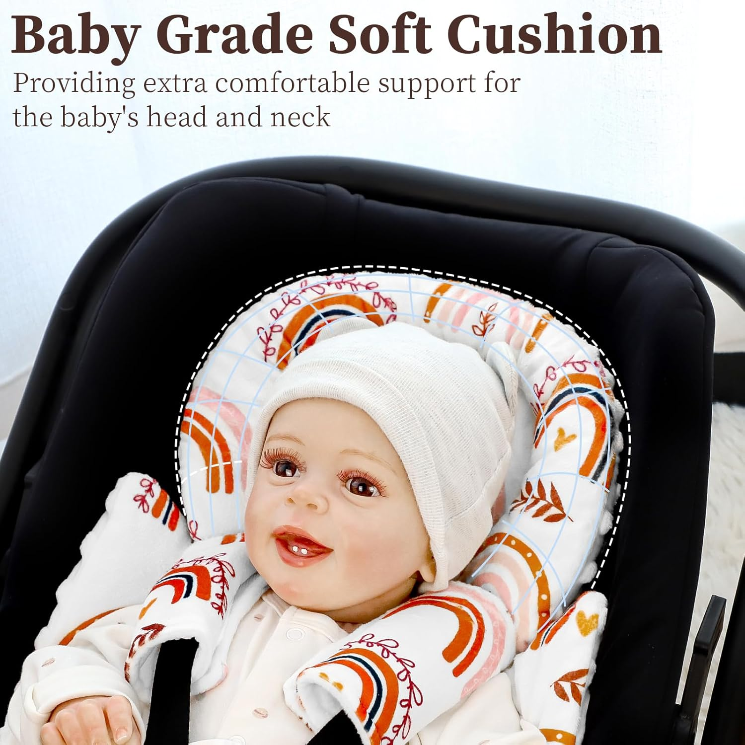 Pea Pod Infant Car Seat Insert with 3 Strap Covers, 3 in 1 Reversible Rainbow Baby Car Seat Head Support for Newborn, 3D Soft Carseat Cushion for Preemie to Infant, Stroller, Swing, Bouncer