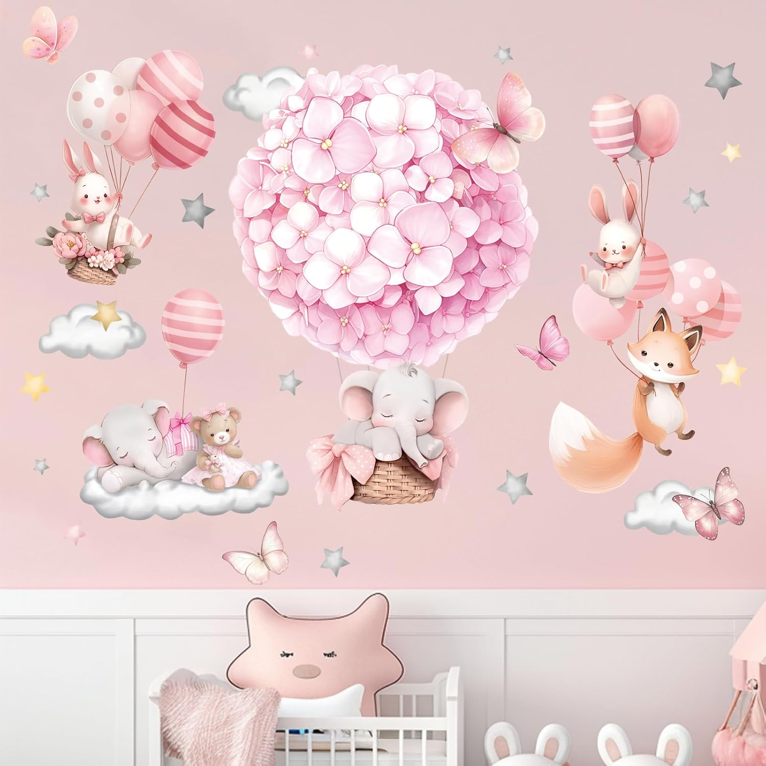 Amimagen Animals Hot Air Balloon Wall Stickers - Elephant Bear Fox Wall Decals - Girls Bedroom Baby Nursery Kids Room Wall Decor image number 5