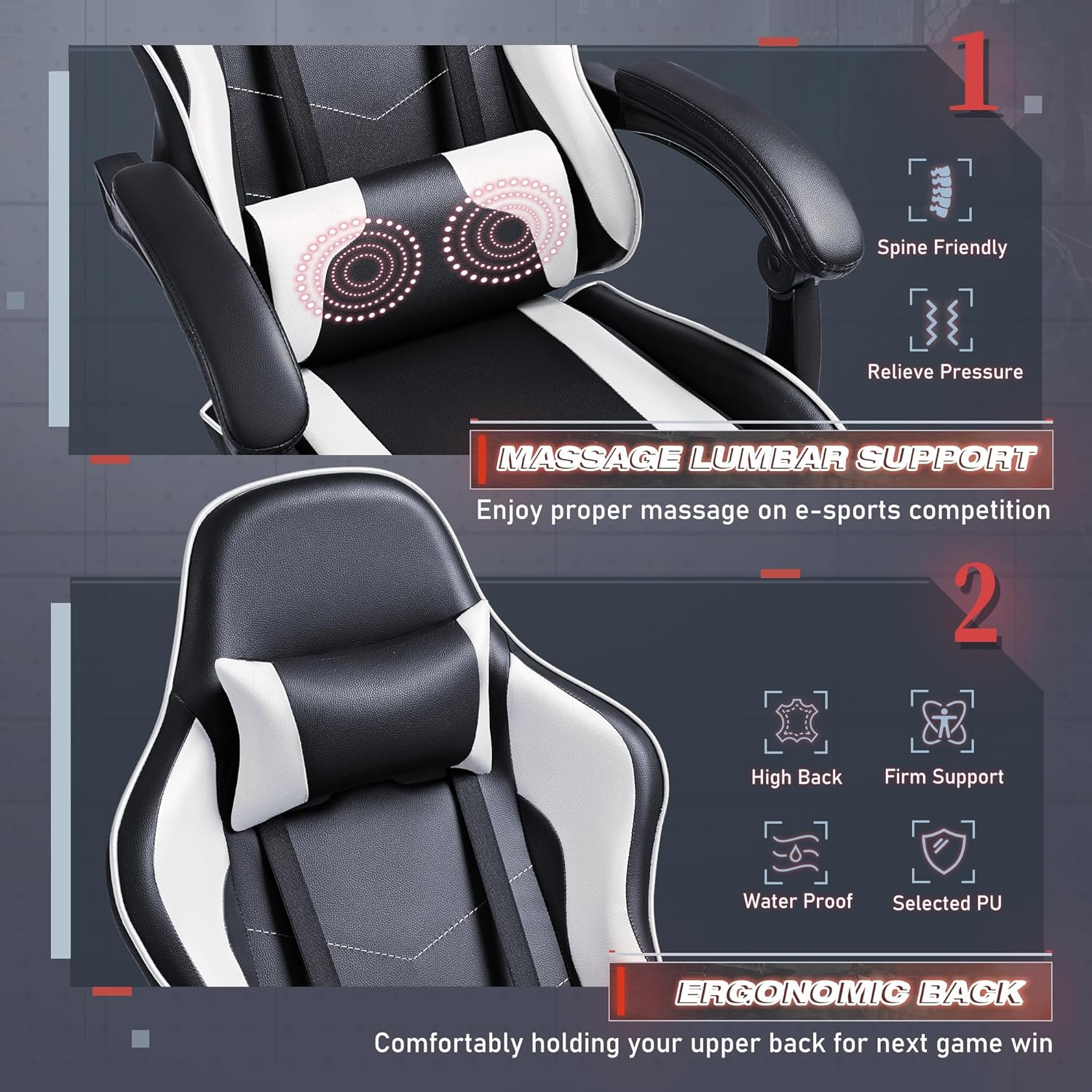 Furmax Gaming Chair, Video Game Chair with Footrest and Massage Lumbar Support, Swivel Seat Height Adjustable Computer Chair with Headrest, Racing E-Sport Gamer Chair