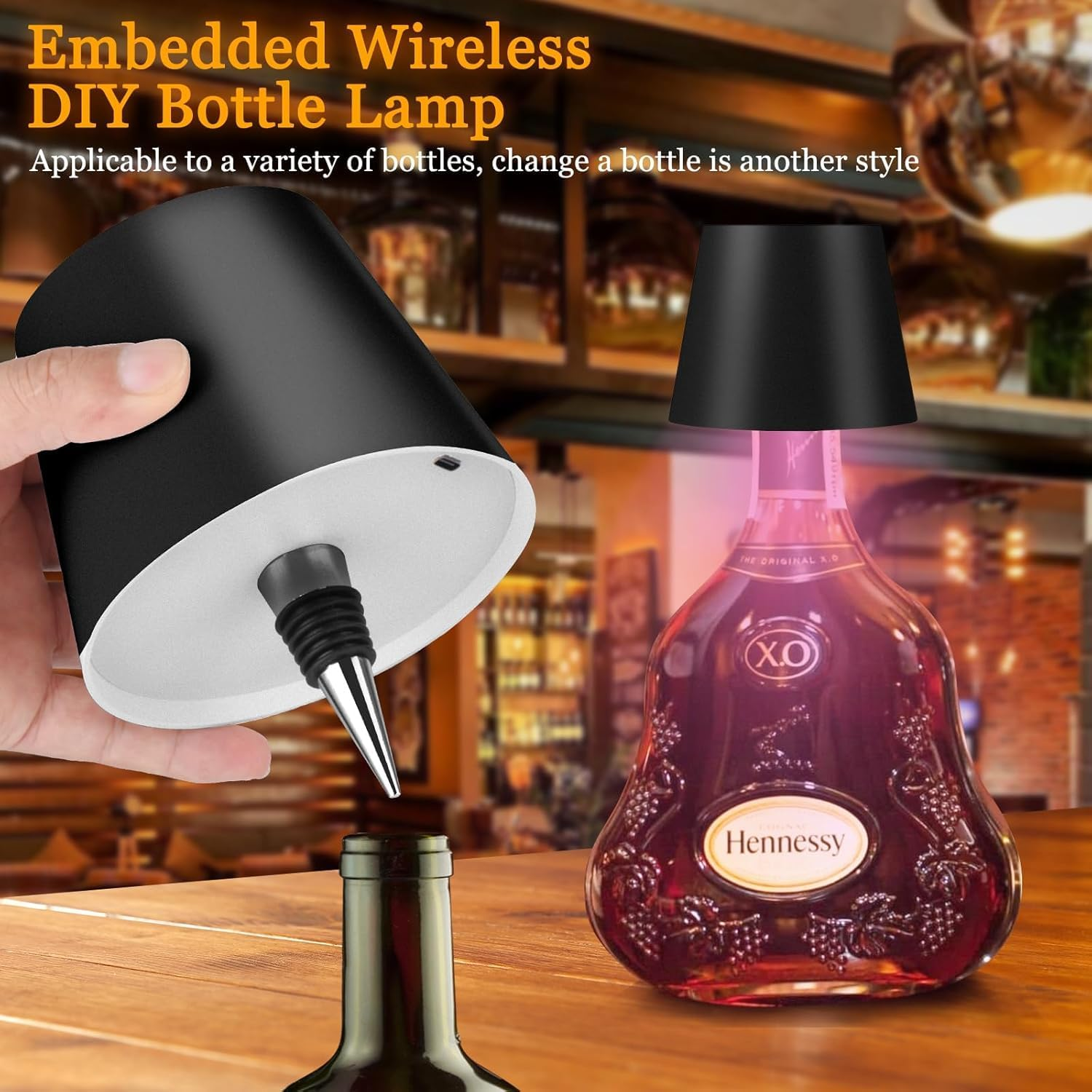 Wireless Bottle Lamp 2000Mah, RGB Mode & 3 Color Stepless Dimming Touch Table Lamp, Rechargeable Atmosphere Lamp for Bars, Cafes, Restaurants, Bedrooms, Outdoor Environments (Black, 1Pcs) image number 3
