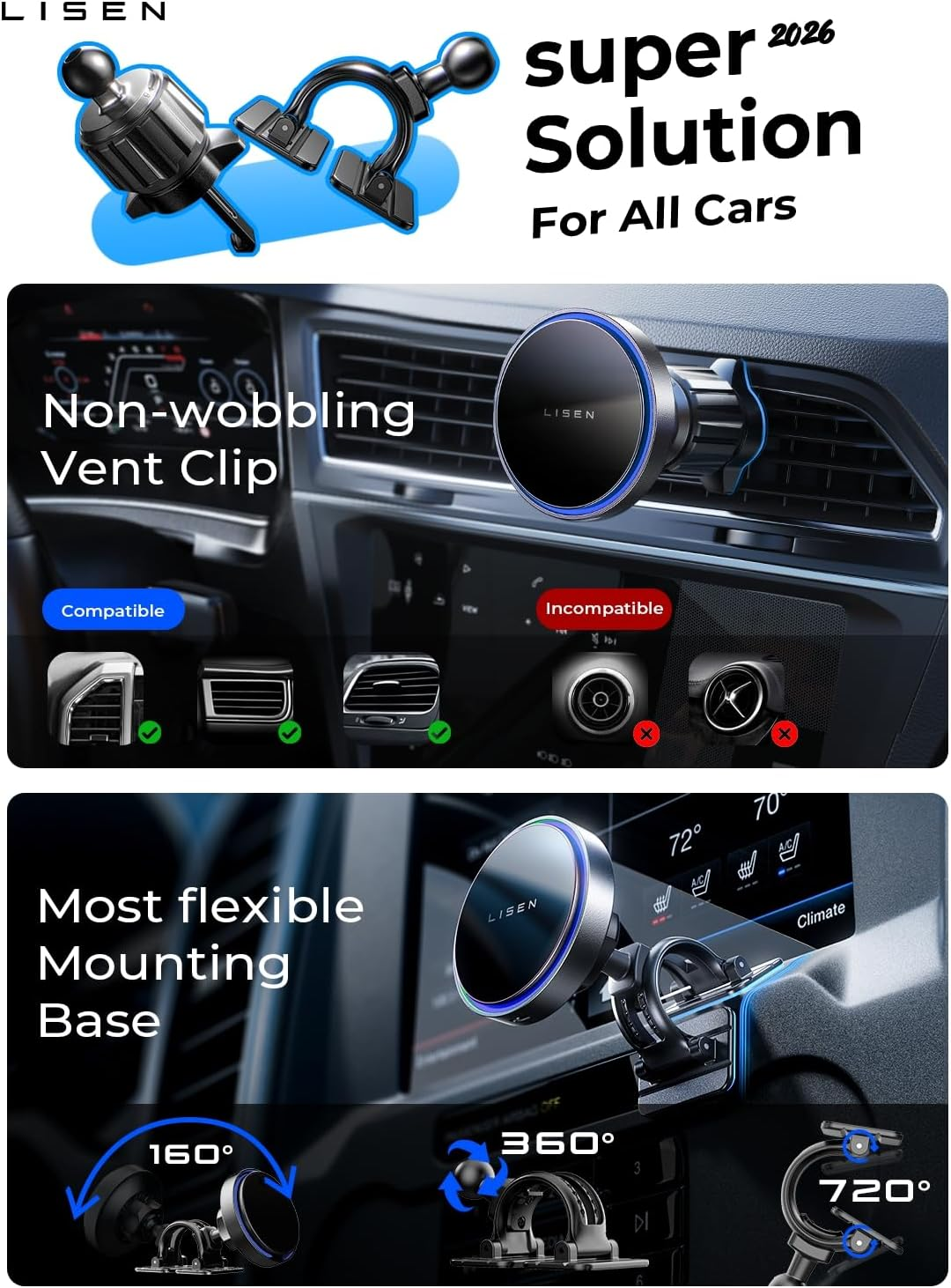 LISEN for 15W Magsafe Car Mount Charger,Magnetic Wireless Cars Charger,Magnetic Phone Holder for Cars,Phone Holders for Your Car Accessories for Women Men Jeep Ford F150 for Iphone 17-12,Samsung,Pixel image number 1