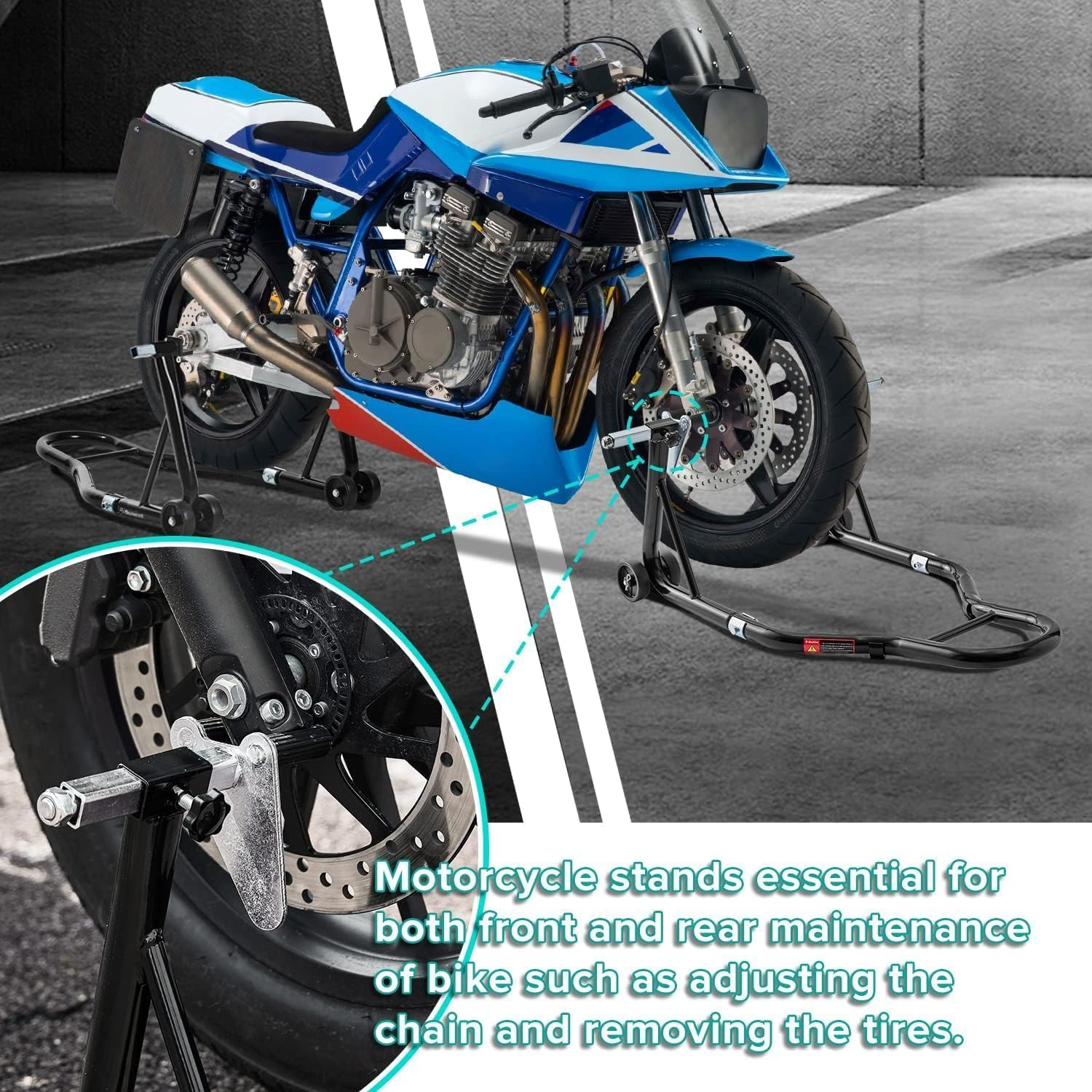 Motorcycle Stand Lift, 850Lbs Front Rear Combo Stand Lift Stand, Front Wheel Fork Stand, Rear U+L Fork Swingarm Spool Stand, Compatible with Most Yamaha Honda Kawasaki Suzuki Motorcycles image number 2