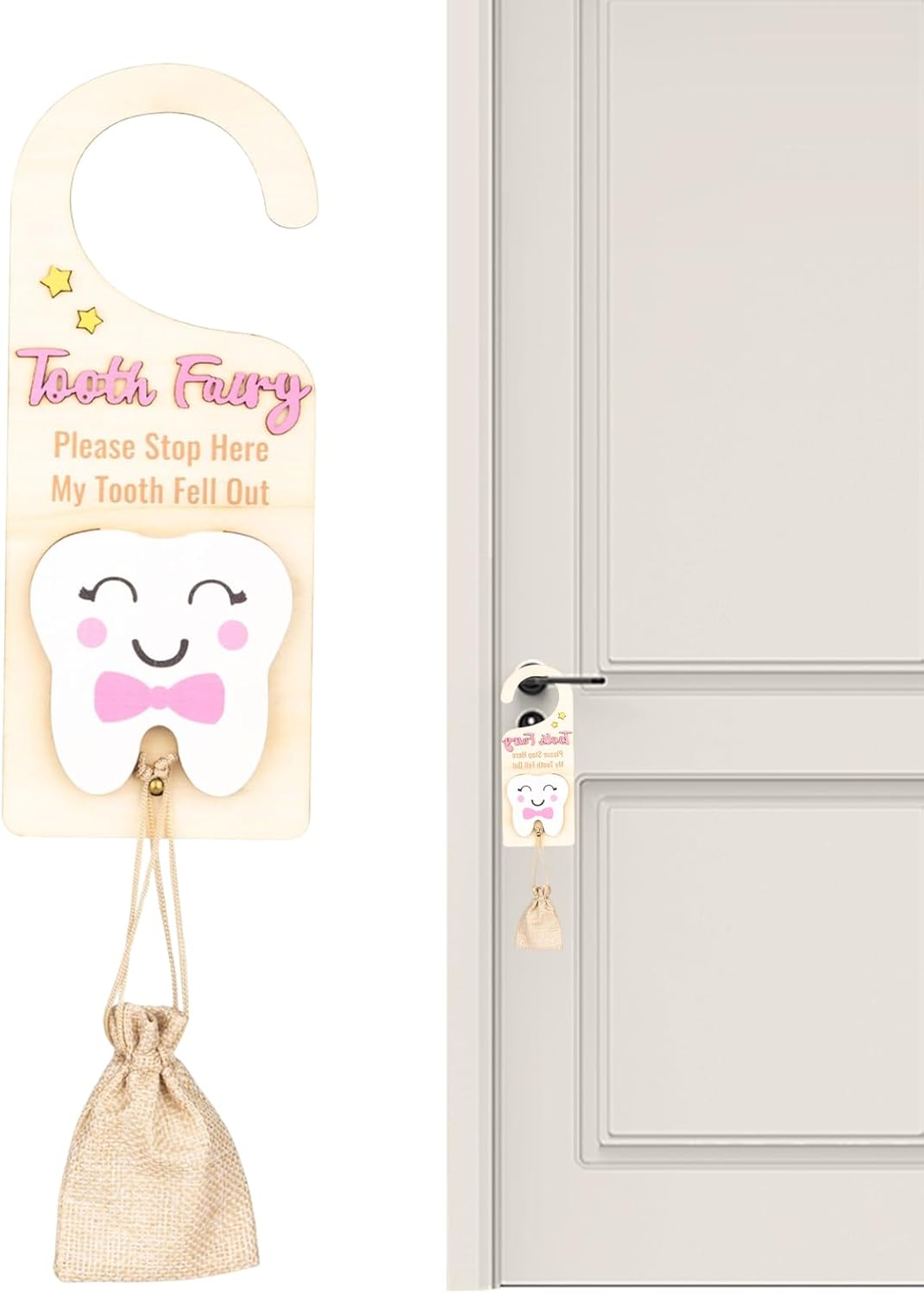 Tooth Door Hanger - Tooth Fairy Box with Money Slot,Wooden Keepsake Box with Pouch for Kids Boys Girls Home Decoration
