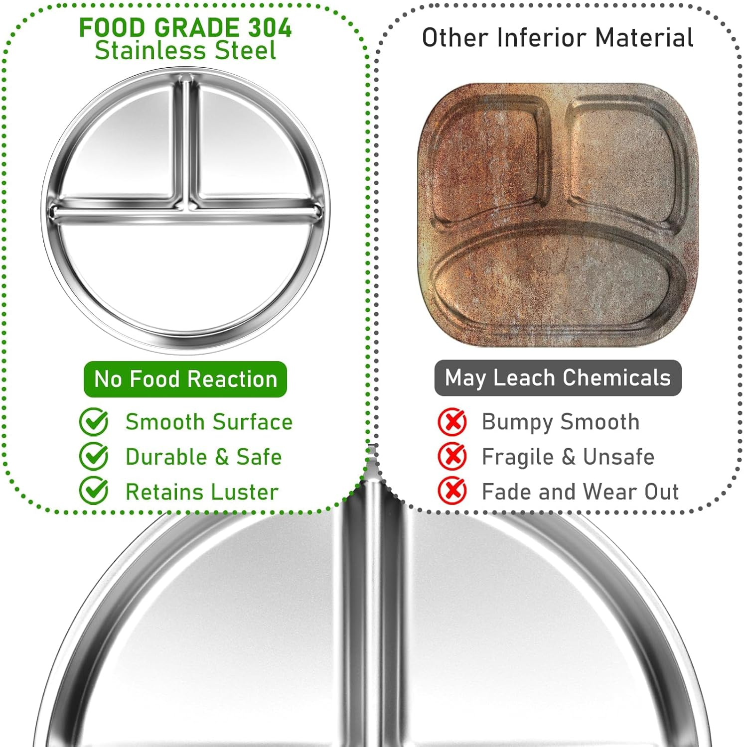 Tehalk Set of 4 Stainless Steel Kids Plates, Portion Control Platter with 3-Compartment, Unbreakable Dinner Plates, Divided Food Tray Stainless Steel Plate for Adults Kids, Camping, Lunch and Dinner