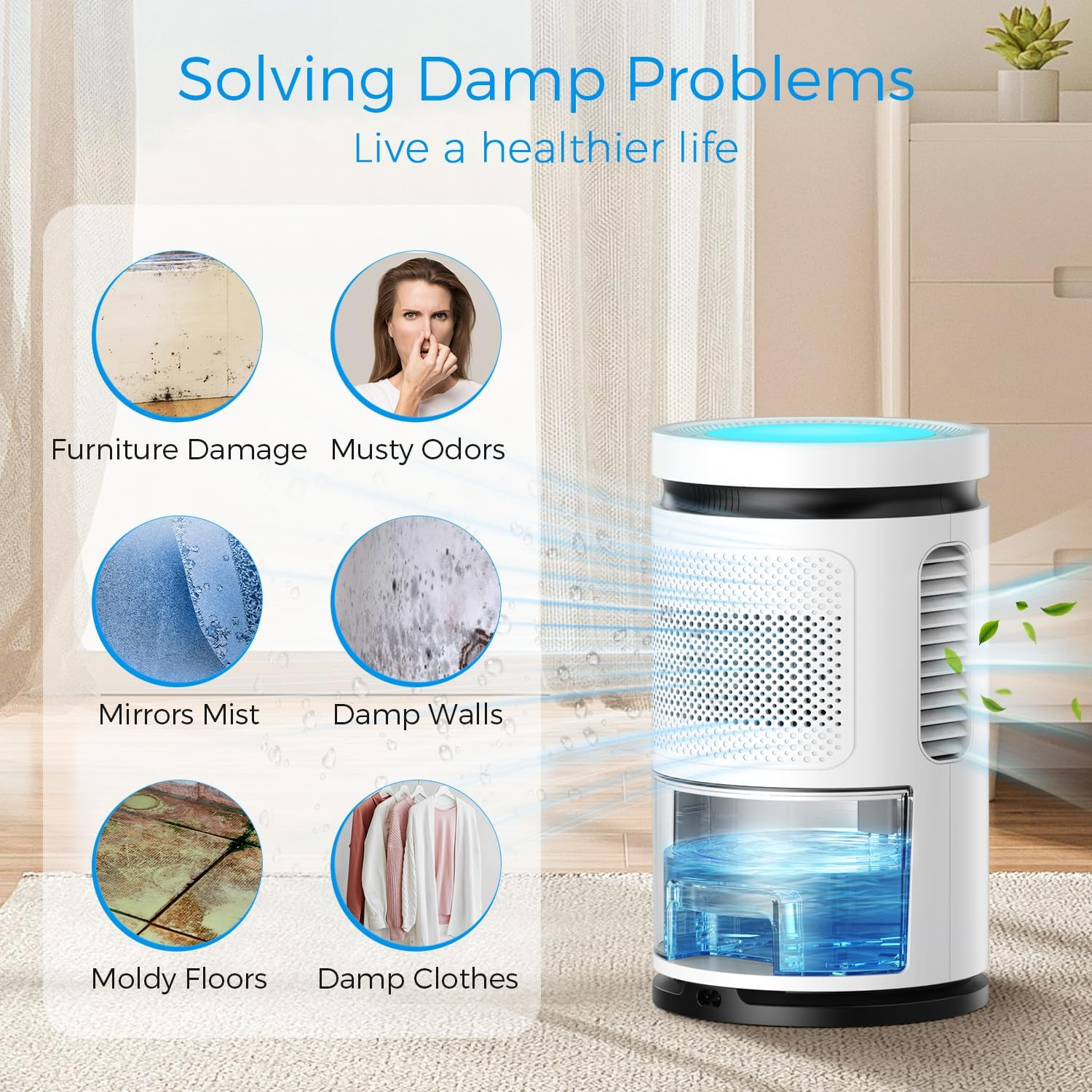 2500Ml Dehumidifier, Upgraded Dehumidifiers for Home up to 65㎡, Quiet Portable Dehumidifiers for Bedroom Bathroom Basements Closet RV with 2 Working Modes, 7 Color Lights, Auto-Off image number 2