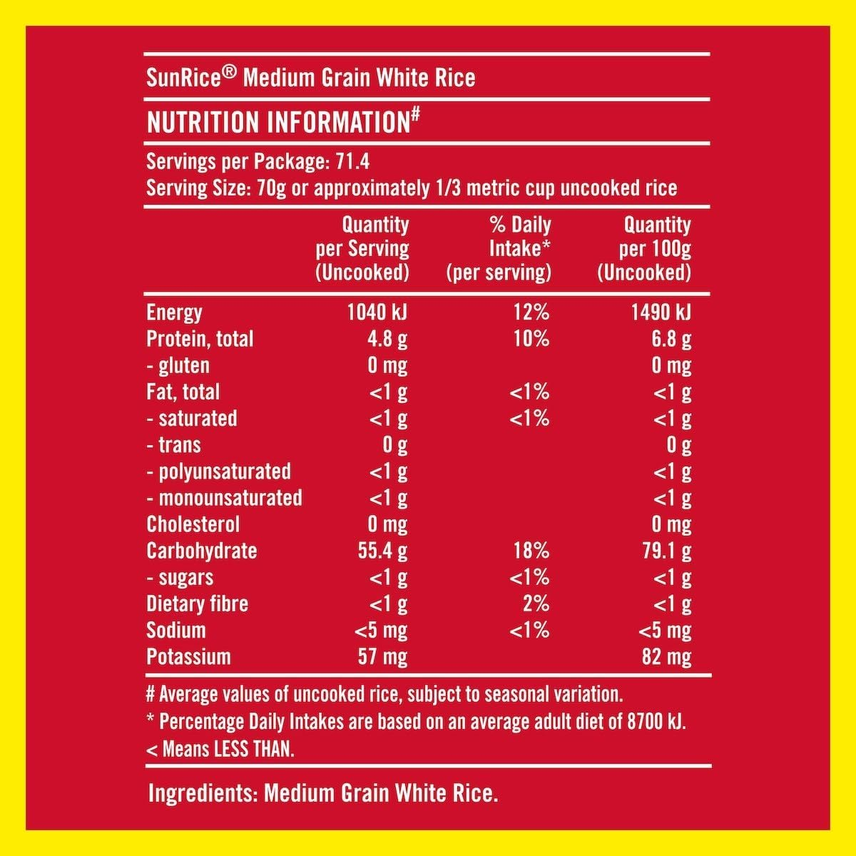 Sunrice White Medium Grain Rice 5Kg