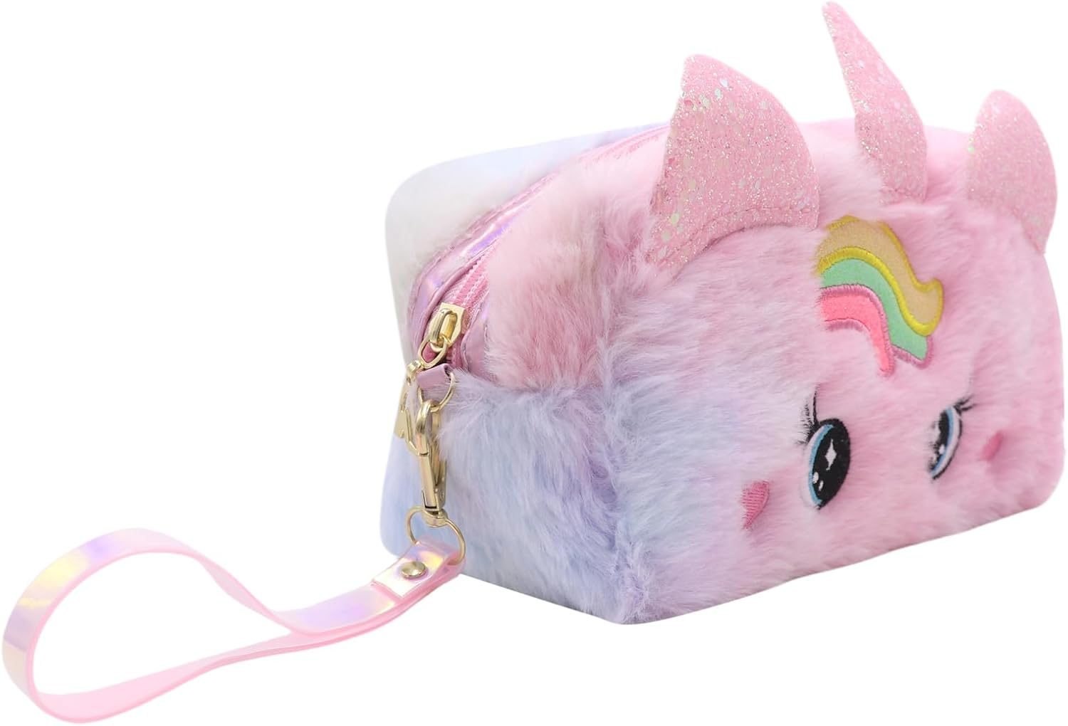 DDPOND Cute Cartoon Unicorn Makeup Bag Big Eyes Plush Travel Cosmetic Organizer Bag Fluffy Hanging Toiletry Bag for Women Girls - Purple image number 2