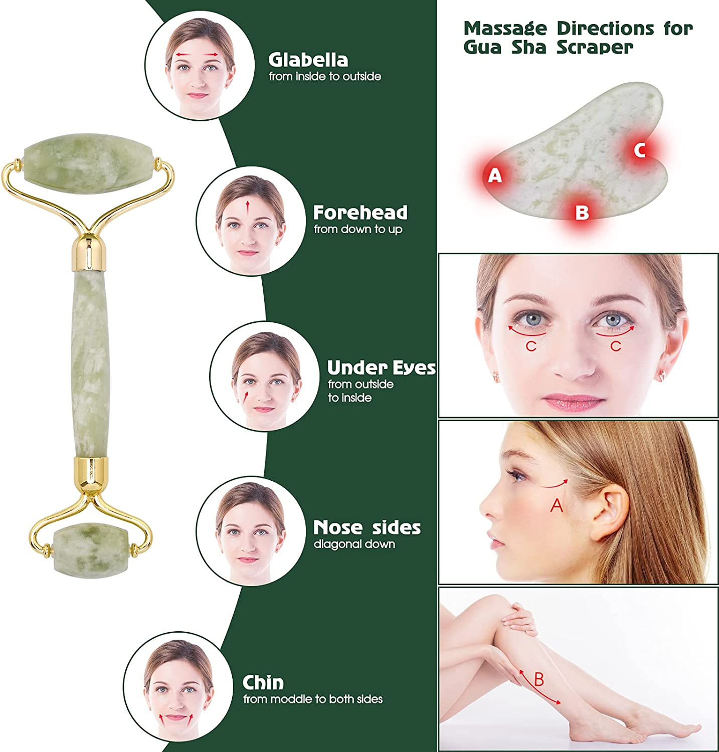 Gua Sha Stone & Jade Roller Gift Set, Anti-Aging Natural Facial Roller Jade Gua Sha Set, Beauty Face Roller for Rejuvenate Skin & Remove Wrinkles (Light Green Set)