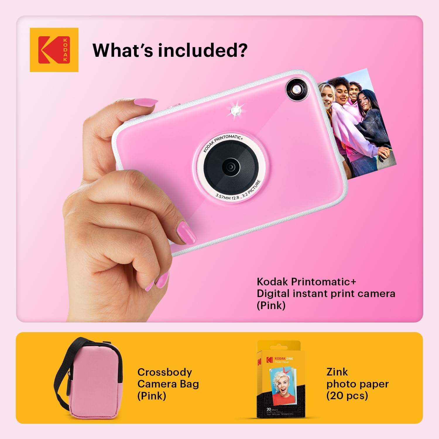 Kodak Printomatic+ Instant Print Digital Camera Starter Bundle + Carrying Case (Pink) + Zink 20Pk Sticky-Back Photo Paper - 10MP, Full-Color Photos, GB LED Status Indicator - Pink image number 1