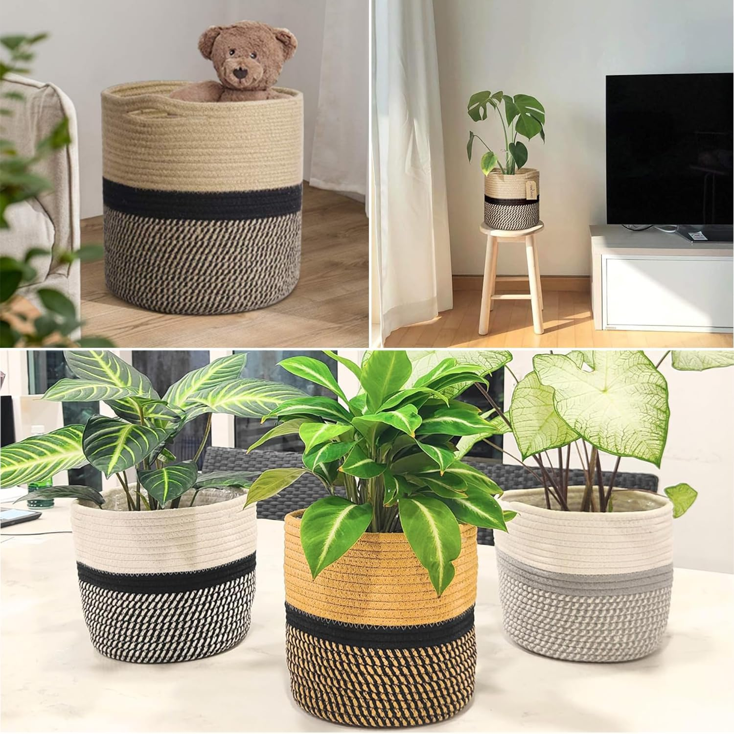 2 Pcs Jute Cotton Rope Plant Basket, Woven Baskets for Flower Pot Home Decor, round Indoor Planters Storage Organizer, Brown Black 25 * 25 * 25Cm, Storage Organizer Basket Rustic Home Decor image number 3