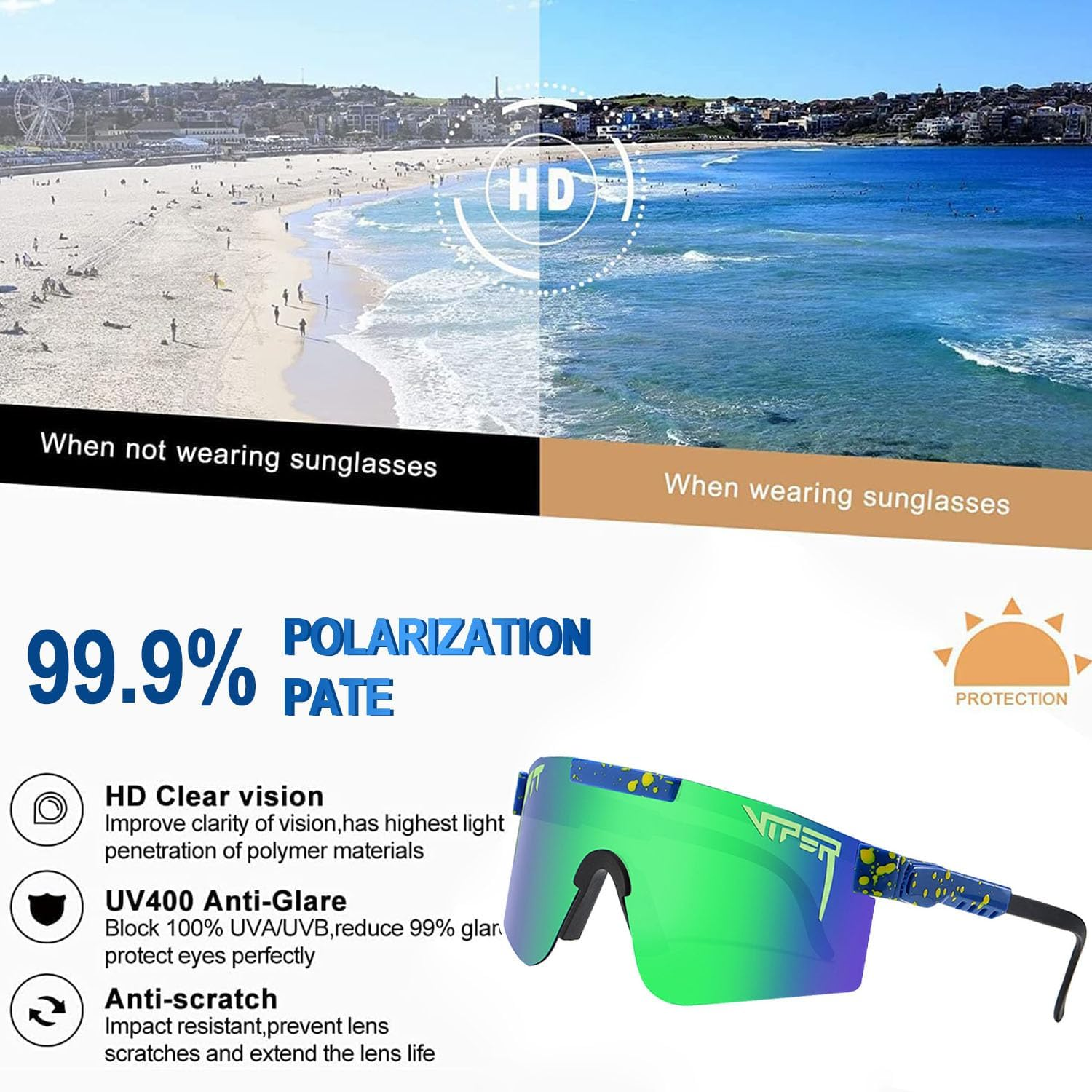 Polarized Sports Sunglasses Blue Lens Wide Fit Windproof Sports Eyewear Unisex Sports UV400 Goggles Outdoor Eyewear Ideal for Driving, Running Climbing Fishing and Golf image number 4